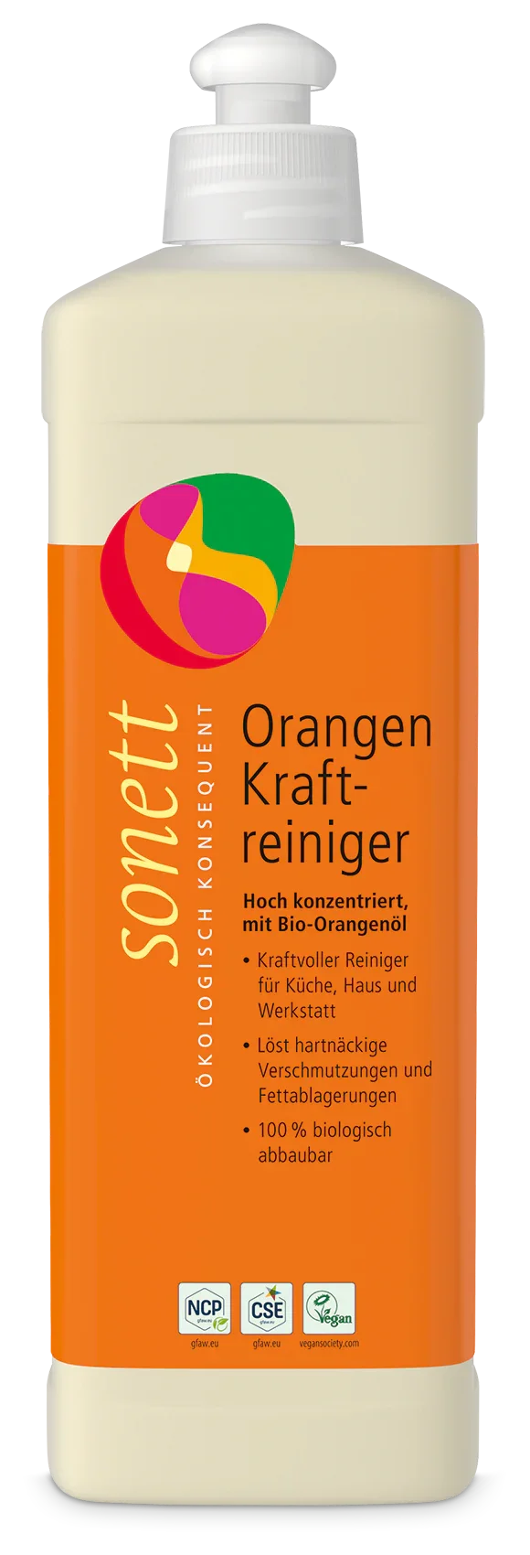 Sonett Orangen Kraftreiniger 500ml – Bio-Orangenöl, hoch konzentriert, vegan, transparenter Hintergrund
