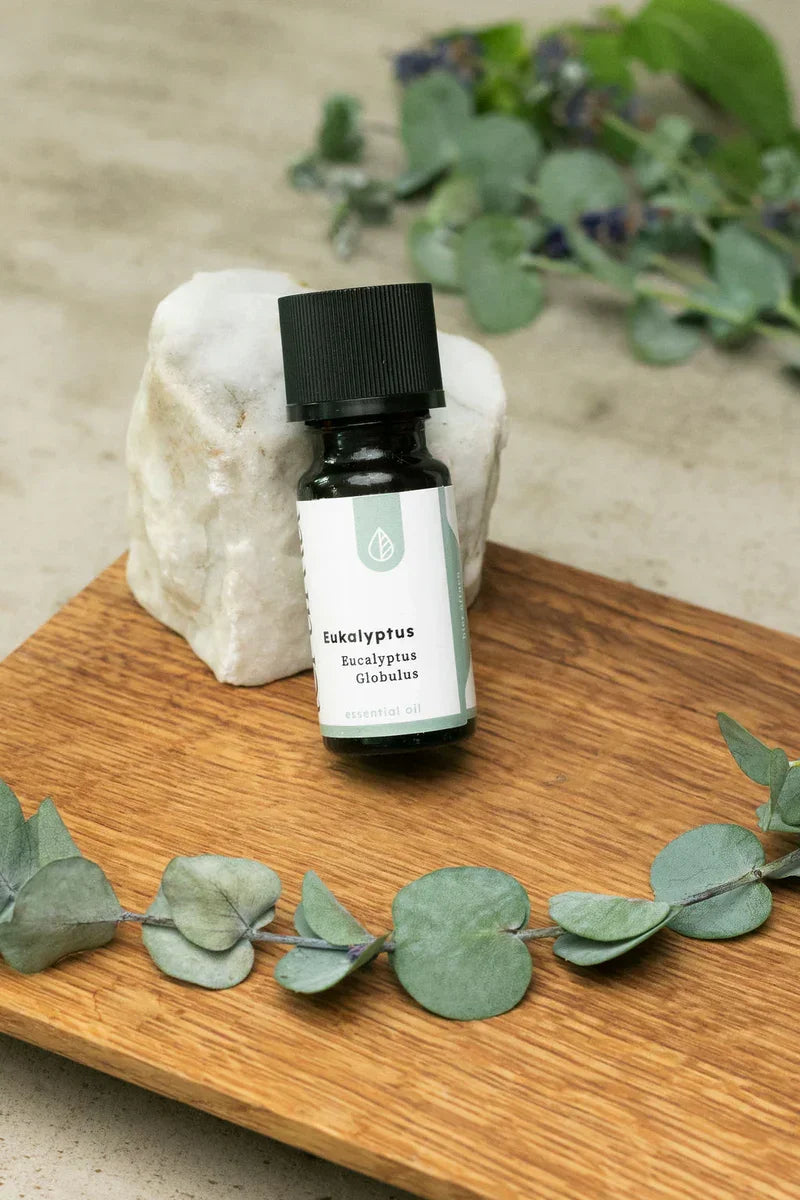 Teruma Eukalyptusoel 10ml - Flasche mit Eukalyptus auf Untergrund